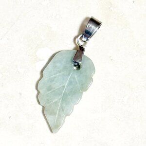 Carved Leaf Stone Pendant – Pale Green Jade-Like Stone with Organic Yellow Blend